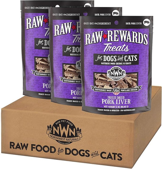 Northwest Naturals Raw Rewards Freeze-Dried Pork Liver Treats for Dogs and Cats - Bite-Sized Pieces - Healthy, 1 Ingredient, Human Grade Pet Food, All Natural - 3 Oz (Pack of 3)