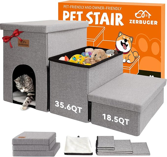 Dog Stairs with Condo 18" H, 3-Step Wider Dog Steps for High Beds Couch, Folding Storage Pet Stairs Gift for Small/Medium/Large Old Dogs Cats, Ramp for Climbing Car Up to 200 lbs, Smok Gray
