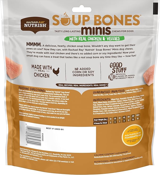 Nutrish Rachael Ray Soup Bones Minis Dog Chews with Real Chicken & Veggies, 16 Chews, 12.6 oz (Pack of 6)