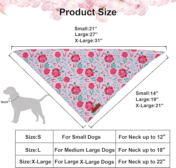 ADOGGYGO Floral Dog Bandana, Red Yellow Rose Pet Scarf, Adjustable Fit Flower Bandanas for Medium Large Dogs Pets (Large)