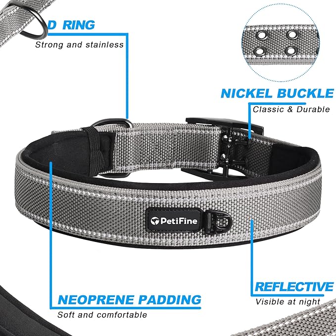PetiFine Neoprene Padded Dog Collar, Heavy Duty Comfort Dog Collar with Durable Metal Buckle, Reflective Adjustable Belt Buckle Dog Collars for Small Medium Large Dogs(24''-28'', Grey)