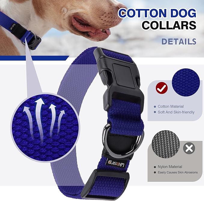 Cotton Soft Dog Collar, Quick Release Dog Collar with Buckle, Heavy-Duty Adjustable Pet Collar for XS Small Medium Large Dog, Colorfast Dog Collars with Removable Tag(XS, Blue)