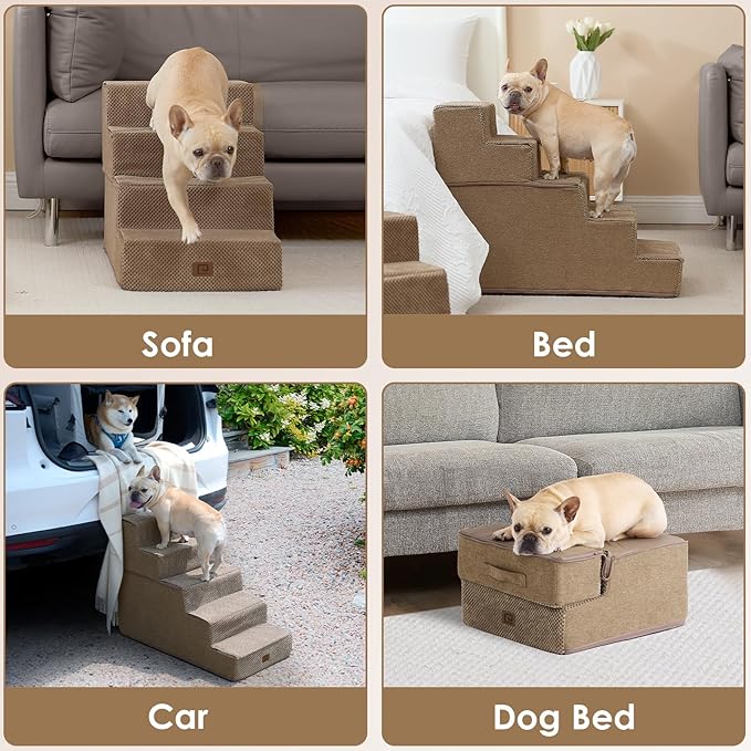 EHEYCIGA Dog Stairs for Bed 18”H, 4-Step Dog Steps for High Bed, Pet Steps for Small Dogs and Cats, Non-Slip Balanced Pet Ramp Indoor, Camel