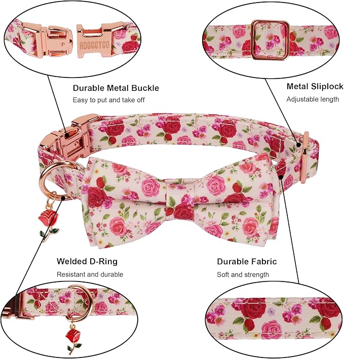 ADOGGYGO Floral Dog Collar with Bow, Red Pink Rose Flower Dog Bow Collar with Metal Buckle, Adjustable Pet Floral Collars for Small Dogs (Small)