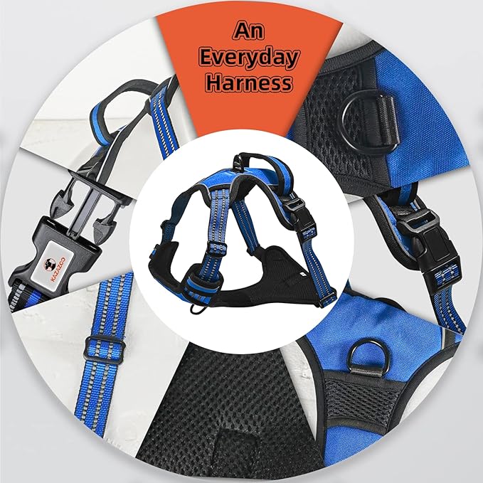 Dog Harness, No-Pull Pet Breathable Harness, Adjustable Soft Padded Dog Vest with 2 Leash Clips, Reflective No-Choke Pet, Easy Control Handle for Large Dogs, Blue, S