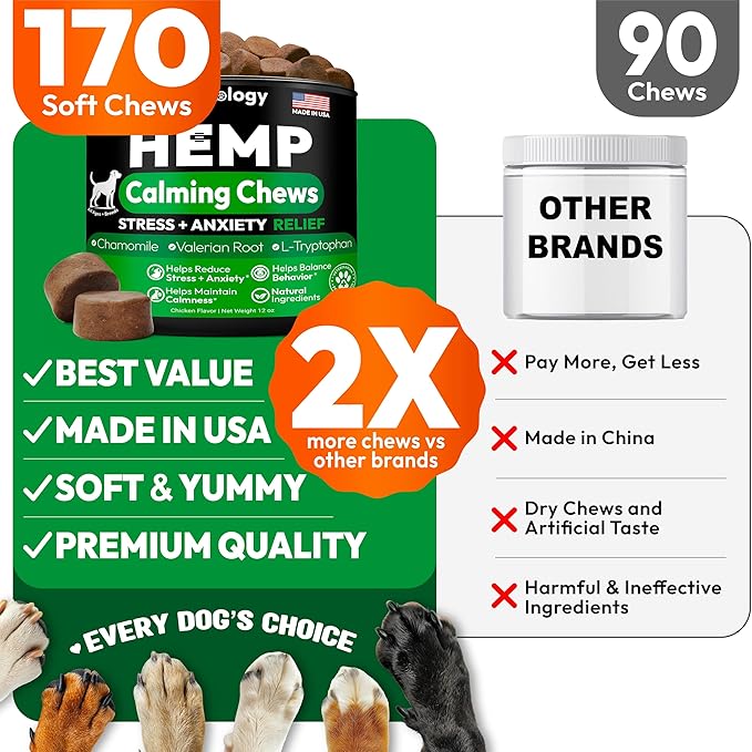 Hemp Calming Chews for Dogs - 170 Dog Calming Chews - Anxiety Relief Treats - Advanced Stress Relief, Separation Aid, Barking, Thunder, Fireworks, Melatonin - Pet Supplement - Made in USA