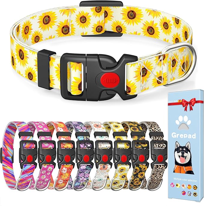 Cute Floral Dog Collar for Small Medium Large Dogs,Girl Female Dog Collars Soft Patterns Adjustable Pet Collar with Quick Release Safety Buckle for Puppy Breed Boy Dogs,Sunflower 2,S