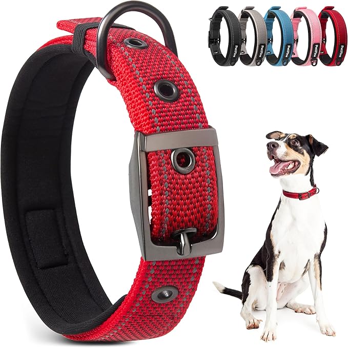 PetiFine Neoprene Padded Dog Collar, Heavy Duty Comfort Dog Collar with Durable Metal Buckle, Reflective Adjustable Belt Buckle Dog Collars for Small Medium Large Dogs(19''-23'', Red)