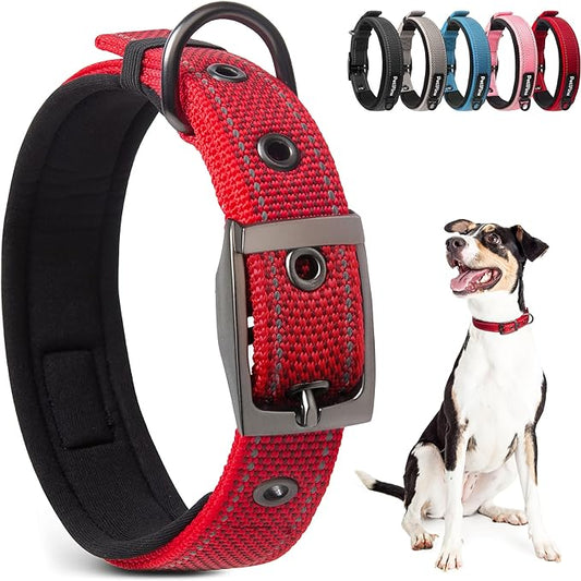 PetiFine Heavy Duty Dog Collar with Durable Metal Buckle,Neoprene Padded Comfort Dog Collar, Reflective Adjustable Belt Buckle Dog Collars for Small Medium Large Dogs(14.5''-19'', Red)