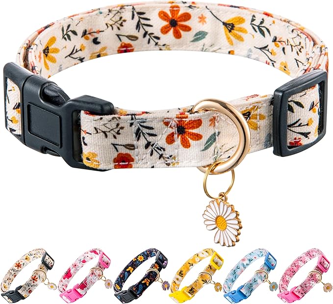 Cute Dog Collar Beige Flower Pattern for Boys and Girls Holiday Dog Collars Summer Fall Gift Adjustable for Small to Medium Breed Dogs (S)