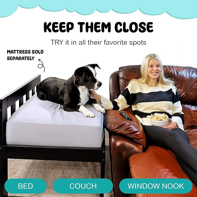 Dog Bed Frame - Wooden Raised Dog Bed Frame ONLY, Human-Style Freestanding Pet Bedside Cosleeper for Dogs & Cats, Wood Bunk Bassinet for Small, Medium & Large Breeds (High Profile)