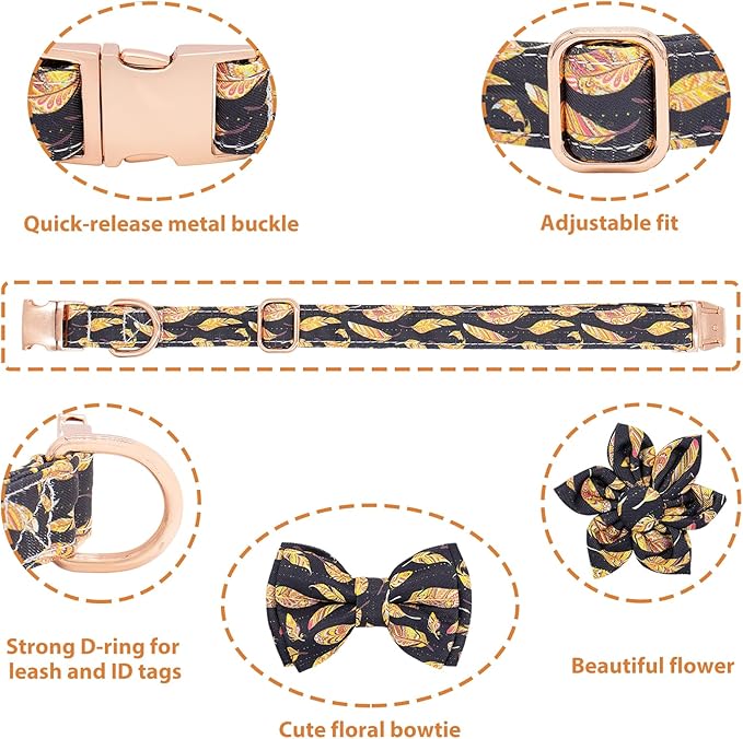 Dog Collar and Leash Set Adjustable Girls Puppy Floral Collars with Bow Tie for Small Medium Large Dogs(M, Feather)