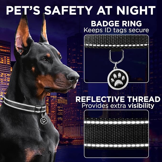 TECEUM Reflective Pet Collar – Black – XL – Extra Soft Padding – Basic Nylon Dog Collar – Quick Release Buckle – Fits Small, Medium and Large Dogs, Puppies, Cats – ESA & Service Dog Options