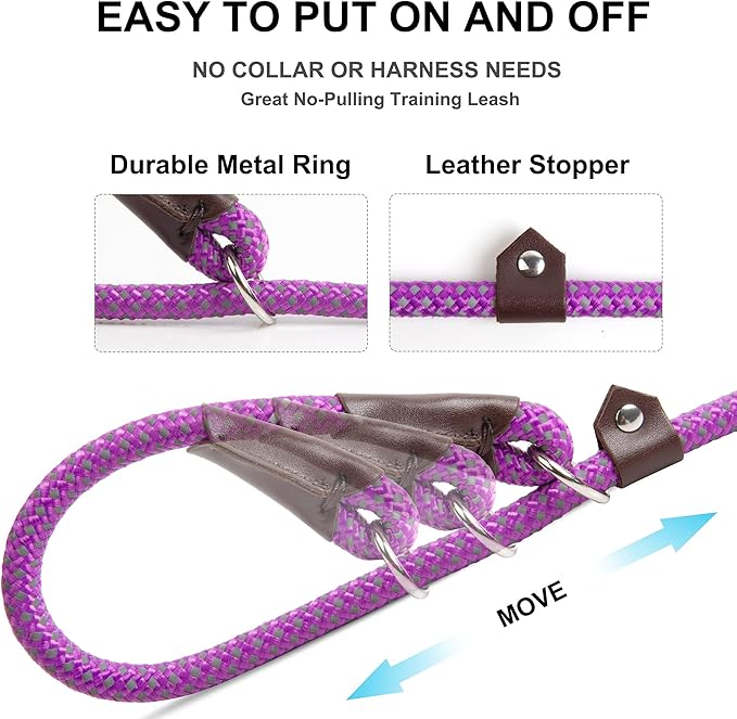 Fida Durable Slip Lead Dog Leash Bulk Pack of 5, Heavy Duty 1/2" x 6 FT Comfortable Strong Rope Slip Leash for Large, Medium Dogs with Highly Reflective, Purple