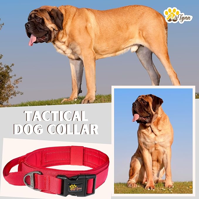 ADITYNA Tactical Dog Collar for Extra-Large Dogs - Soft Padded, Heavy Duty, Adjustable, Military Big Red Collar with Handle for Training and Walking