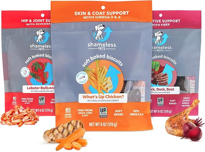 Shameless Pets Soft-Baked Treats, Fish & Poultry Variety 3-Pack - Natural & Healthy Chews for Small, Medium & Large Dogs - Biscuits Baked & Made in USA, Free from Grain, Corn & Soy