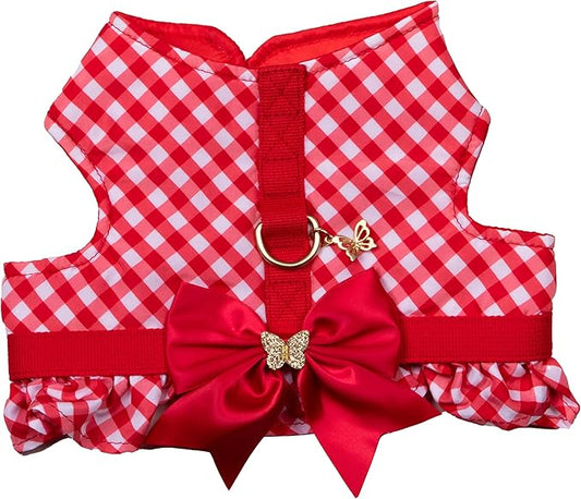 Dolly Doggy Parton Dog Harnesses and Leash/Collar Set Collection, Red Gingham Harness with Bow, Small