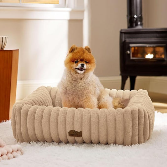 Bedsure Washable Dog Bed for Medium Dogs - Cute Furry Puppy Beds, Rectangle Orthopedic Corduroy Fleece Pet Beds with Removable Zipper Cover, 30x24x8inches, Sandy Tan