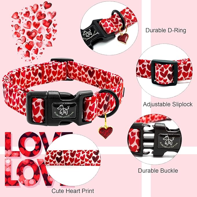 Elegant little tail Valentine's Dog Collar, Red Heart Dog Collars Female or Male Adjustable Cotton Pet Collar with Quick Release Buckle for Small Medium Large Dogs
