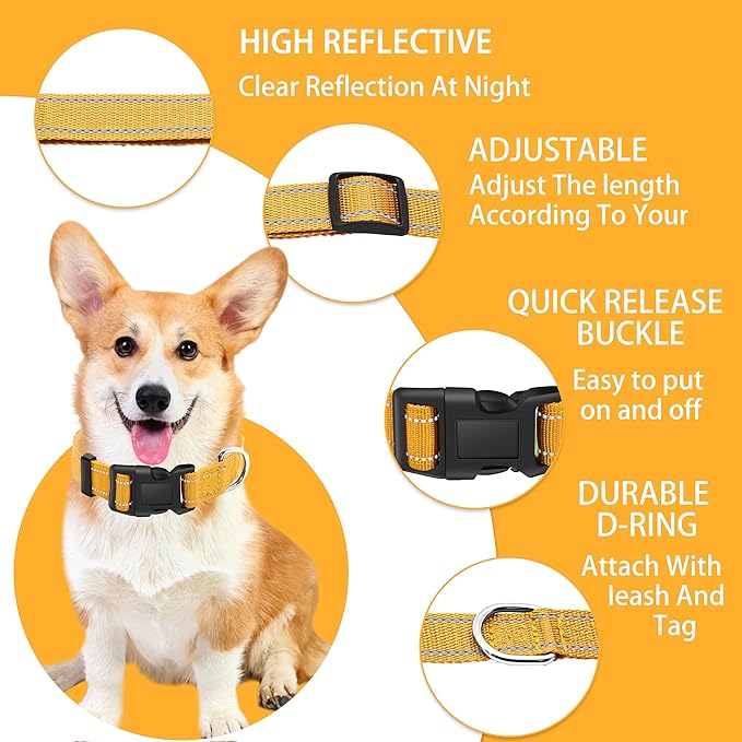 Reflective Dog Collar with Safety Locking Buckle, Adjustable Soft Breathable Nylon Collars for Small, Medium and Large Dogs(Collar+Leash XL Yellow)