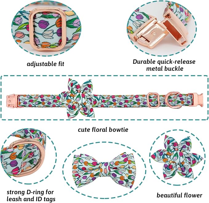 Dog Collar and Leash Set Girls Adjustable Puppy Collars with Floral Bow Tie for Small Medium Large Female Dogs, Tulip, XS