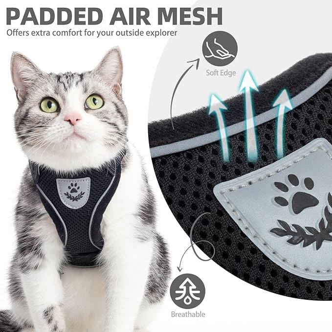 PUPTECK Cat Harness and Leash Set Escape Proof Reflective Cat Walking Harness Adjustable Soft Breathable Mesh Vest for Small Pets, Black, L