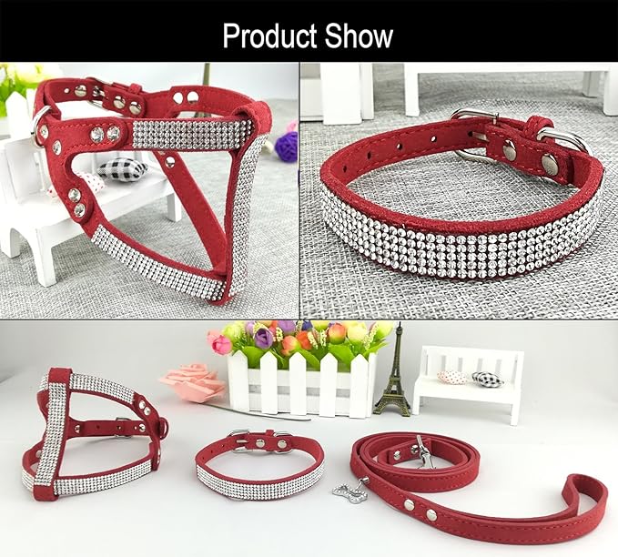 Dog Collar & Harness & Lead Sets Fashion Dog Collar Diamante with Harness & Leashes Comfortable Soft Collar Harness and Leashes Set for Dog - Red - M