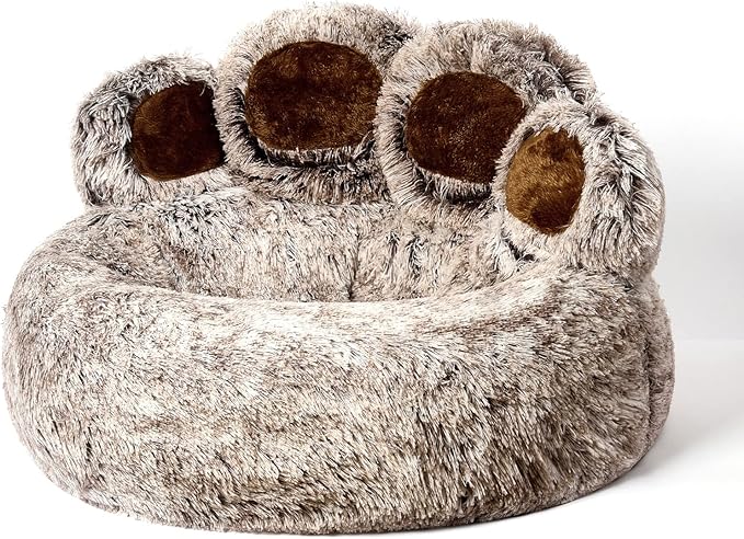 Jiupety Paw Shape Calming Pet Bed, Plush Faux Fur Donut Bed for Dogs & Cats, Machine Washable, Non-Slip Bottom, Large Size (26"×26"×8"), Gray