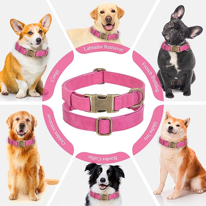 Soft Leather Dog Collar for Small Medium Large Dogs, Heavy Duty Dog Collar Leather with Quick Release Metal Buckle, Durable & Adjustable for Large Dogs Walking (Hot Pink, L)