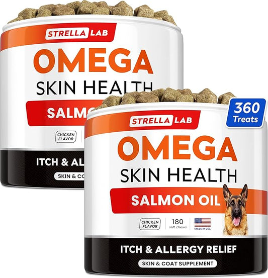 STRELLALAB Omega 3 for Dogs - (360Ct) Fish Oil Treats - Allergy & Itch Relief Skin & Coat Supplement - Dry Itchy Skin, Anti Shedding & Hot Spots Treatment - Pet Salmon Oil Chews - Chicken Flavor