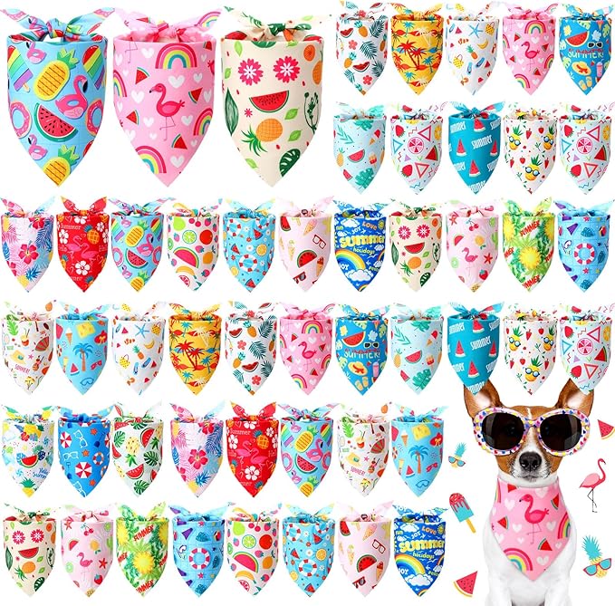 Preboun 50 Pcs Summer Bandanas Dogs Bulk Hawaiian Dog Bandanas Fruit Kerchief Set for Summer Puppy Small Medium Large Pets Costume Accessories (25. 6 x 17. 7 x 17. 7 Inch)