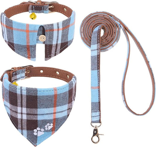 EXPAWLORER Puppy Collar and Leash - Embroidery Pawprints Plaid Small Dog Collar and Leash Set, Cute Dog Bandana Collar with Bell, Adjustable Dog Collars for Small Dogs Cats Girl Boy, SkyBlue Small