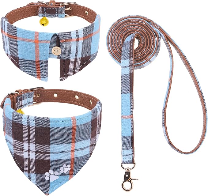 EXPAWLORER Dog Collar and Leash Set - Embroidery Pawprints Plaid Dog Leash and Collar Set, Cute Dog Bandana Collar with Bell, Dog Collars for Small Medium Dogs Cats Girl Boy, SkyBlue S-M