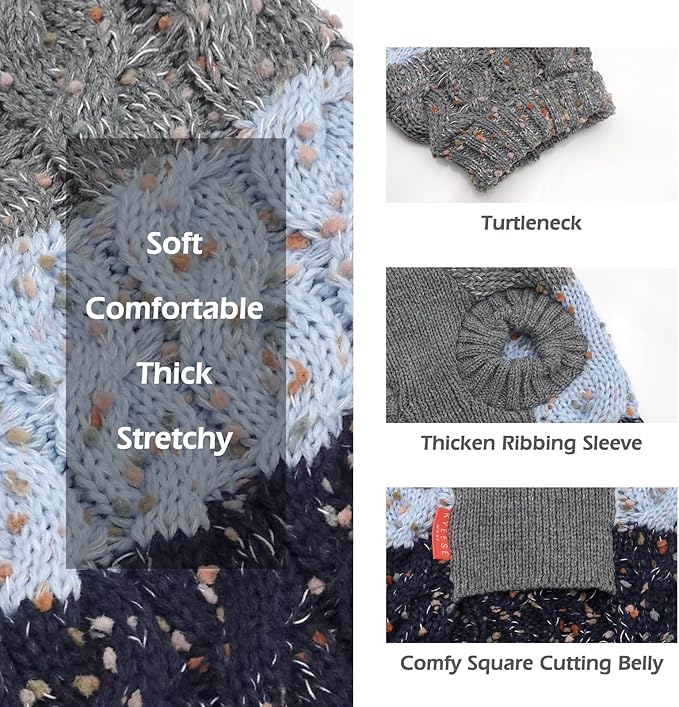 KYEESE Dog Sweater Color Block with Fuzzy Thread Knitted Turtleneck Dog Knitwear with dots in a Variety of Colors for Small Dogs Fall Winter Dog Clothes, Navyblue, S