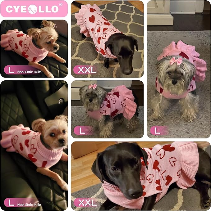 cyeollo Dog Sweater Dress Valentines Day Dog Clothes Knit Turtleneck with Leash Hole Heart Pattern Holiday Theme Female Pet Apparel for Small Dogs Cats
