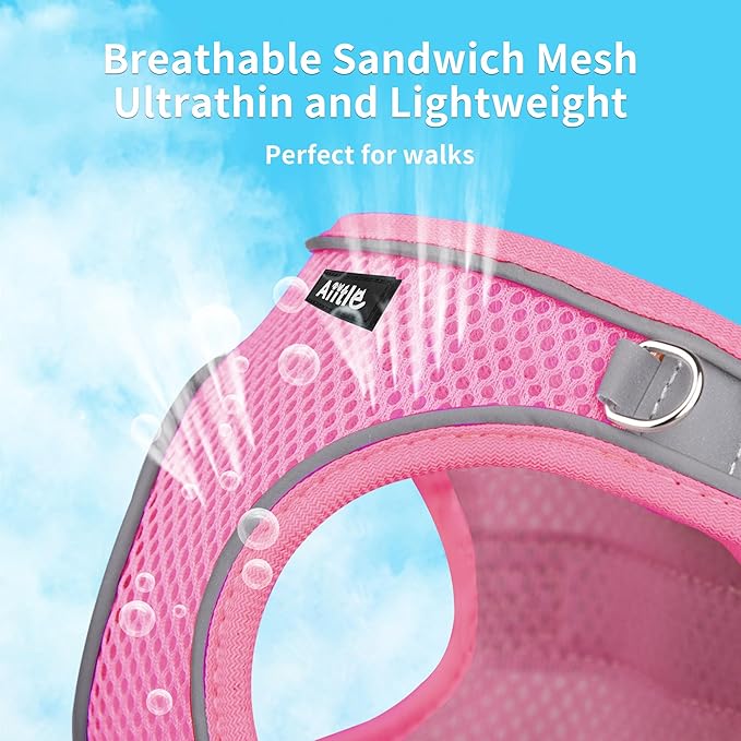 AIITLE Small Harness for Puppy with A Leash - Spring Dog Vest Harness with Super Breathable Mesh, Reflective No-Pull Pet Harness for Outdoor Walking, Camping for Small Dogs, Cats Pure Pink XXS