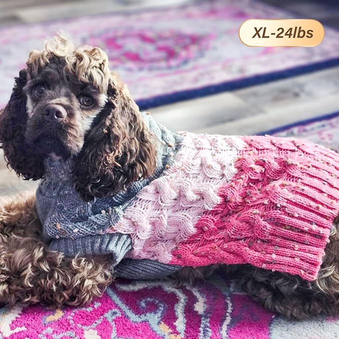 KYEESE Dog Sweater Color Block with Fuzzy Thread Knitted Turtleneck Dog Knitwear with dots in a Variety of Colors for Medium Dogs Fall Winter Dog Clothes, Pink, XL