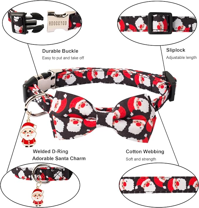 ADOGGYGO Christmas Dog Collar with Detachable Bowtie, Adjustable Red Santa Pet Christmas Bow Collars for Small Medium Large Dogs (Small)
