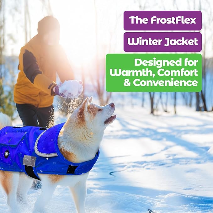 Joyride Harness FrostFlex Dog Winter Jacket - Fleece Lined & Water-Resistant - Snowsuit with Pockets for Treats & Poop Bags - Durable Cold Weather Dog Coat - Blue Serenity-XS