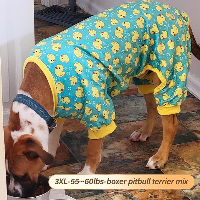 KYEESE Dog Pajamas Velvet Dog Pajamas Large Sized Dogs Soft Dogs Clothes Pjs with Yellow Ducks Pattern Stretchy Pet Jammies Coat Comfy Pet Onesie Costume, 3X-Large