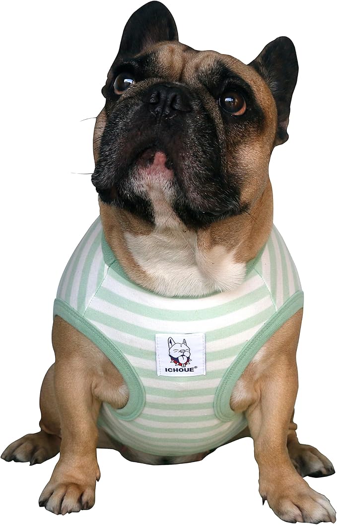 iChoue French Bulldog 100% Breathable Cotton Striped T Shirts Halloween Vest Clothes for Medium Dogs Tank Tops Puppy Frenchie Pug English Boston Terrier Pitbull Green White Stripes - Large Plus