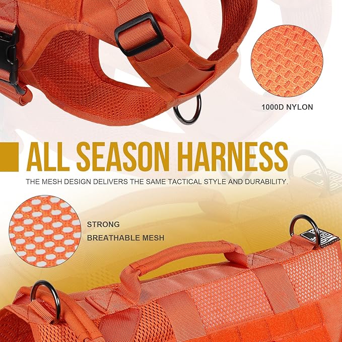 OneTigris Mesh Design Tactical No Pull Dog Harness for Large Dog, Breathable Service Dog Vest Harness with Handle, Military Dog Harness with Molle Panels for Walking Hiking Training (Orange, X-Large)