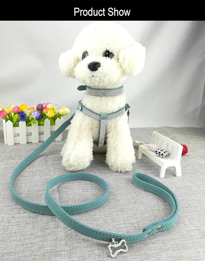 Dog Collar & Harness & Lead Sets Fashion Dog Collar Diamante with Harness & Leashes Comfortable Soft Collar Harness and Leashes Set for Dog - Blue - XS