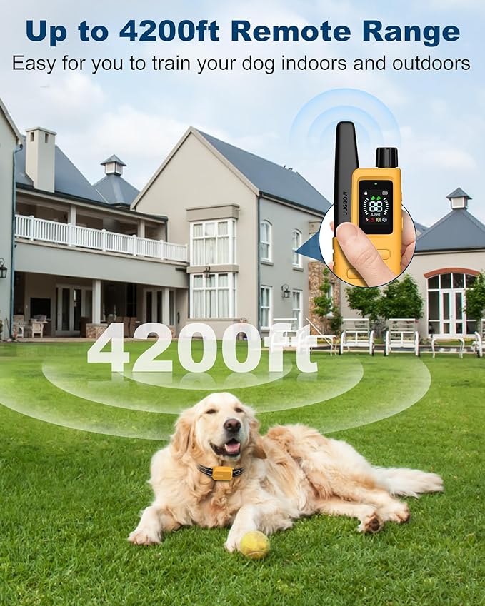 Jugbow Dog Shock Collar - 4200FT Dog Training Collar with Remote IPX7 Waterproof Electric Collar with 4 Training Modes, Security Lock, Rechargeable e-Collar for All Breeds, Sizes Yellow