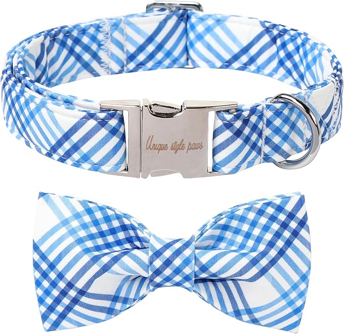 Unique style paws Cotton Dog Collar with Bow Spring Summer Collar with Blue White Grid for Small Medium Large Boys Girls Dogs