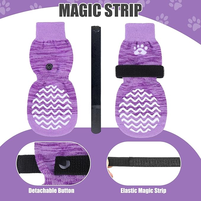 PUPTECK Non-Slip Dog Socks Double Sides Grips for Hardwood Floors Prevents Licking, Dog Shoes for Hot Pavement Traction Control Booties for Senior Dogs, Small Medium Large Dogs, Purple XS