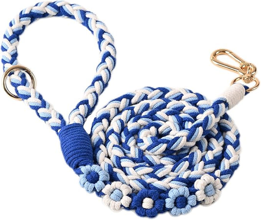 Handmade 5ft Braided Cotton Dog Leash with Unique Floral Handle, Durable and Stylish, Ideal for Small to Large Dogs,Sea Wave
