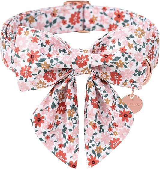 Flower Bowtie Dog Collar With Metal Buckle - Summer Comfortable Cotton Collar for Puppy Boy Girl, XL