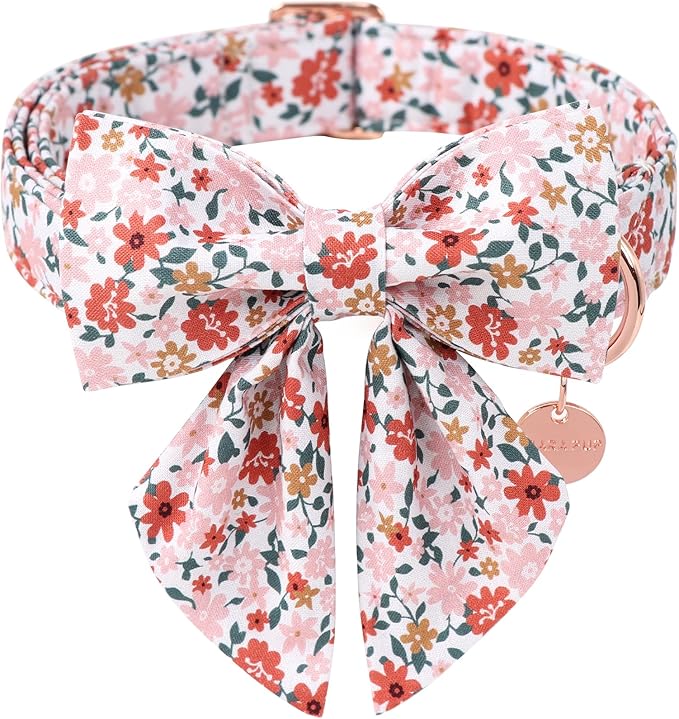 Dog Collar with Bow Tie,UP URARA PUP Flower Bowtie Dog Collar, Summer Bowtie Collar for Puppy Boy Girl Dog, Comfortable Cotton Dog Collar with Metal Buckle,M,Neck 13.5-22in, Medium, PinkYe CS