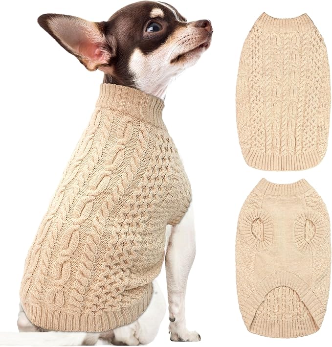 Fleece Beige Dog Sweater - Knitwear Warm Pet Clothes Classic Cable Knit Dog Sweater Cat Apparel Puppy Outfits for Small Medium Dogs Cats Boy Girl Pet (Medium)